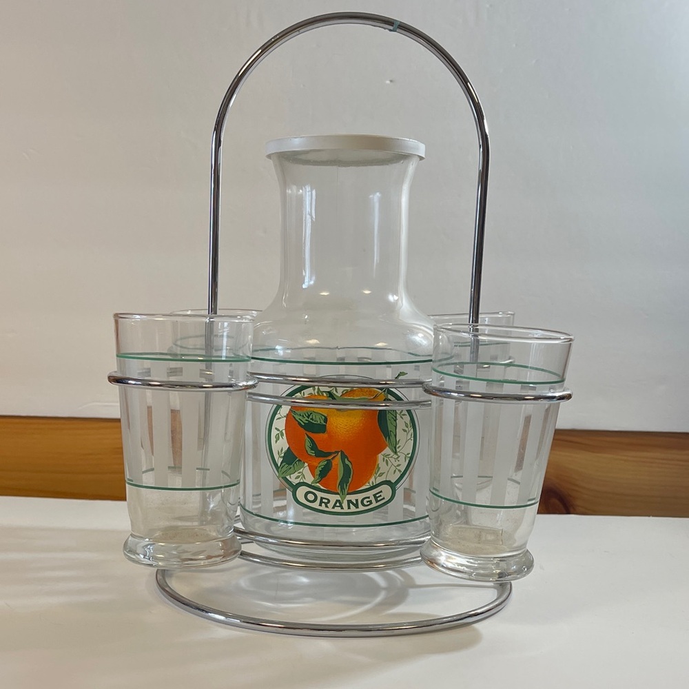 Vintage Orange Juice Glass Set with Carrier MCM